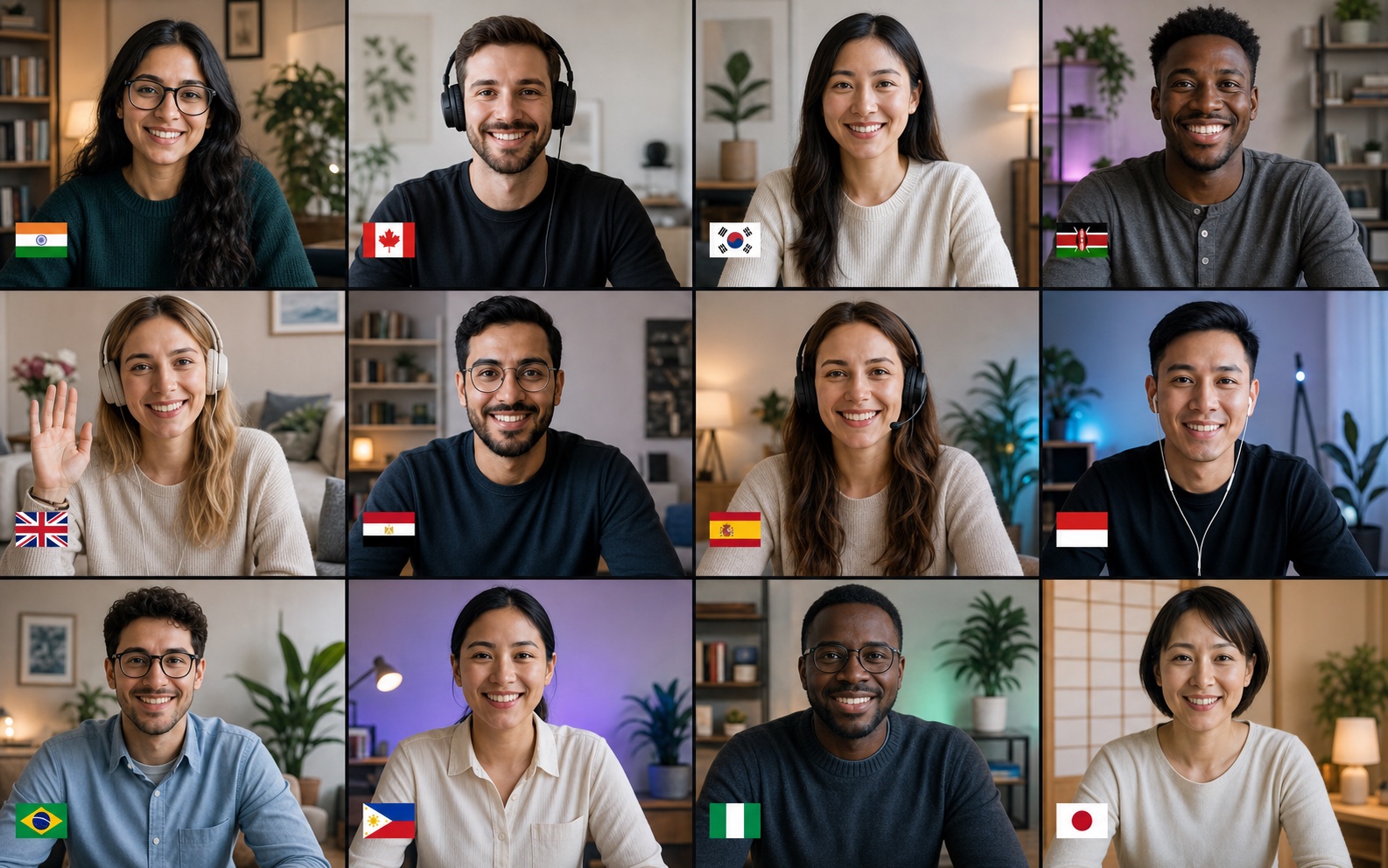 A diverse international remote team working from home, represented by country flags from around the world